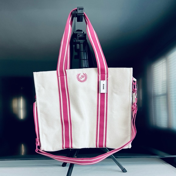Victoria's Secret Handbags - Victoria's Secret PINK Crossbody LARGE SIZE Canvas Tote Bag CREAM & PINK ALL NEW